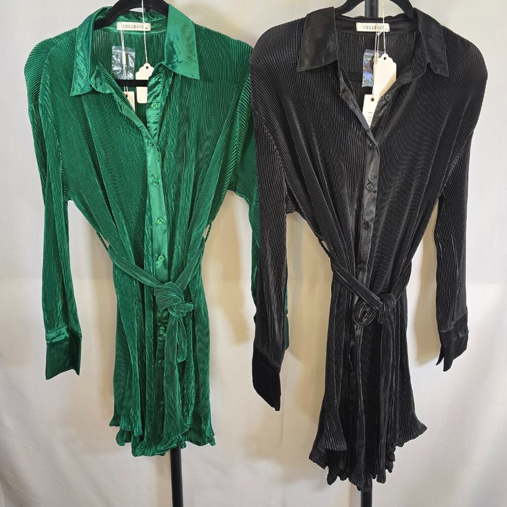 Crinkly Green Long Sleeve Blouse Dress with Belt